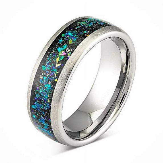 100S JEWELRY Tungsten Wedding Ring for Men Women Opal Inlay Silver Band Comfort Fit Size 6-16 (Tungsten, 6)