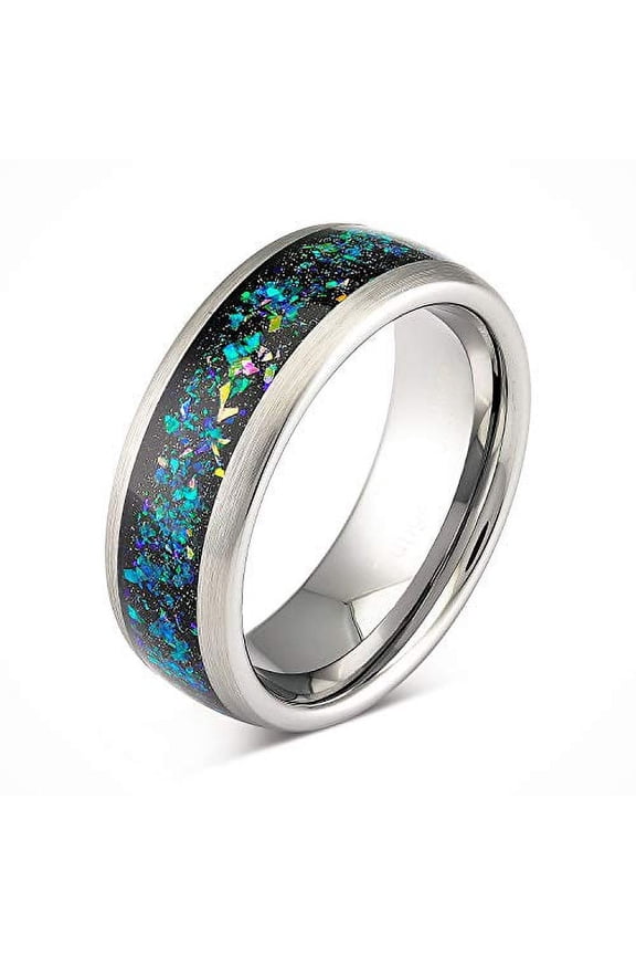 Tungsten Wedding Ring for Men Women Opal Inlay Silver Band Comfort Fit Size 6-16 (Tungsten, 7)
