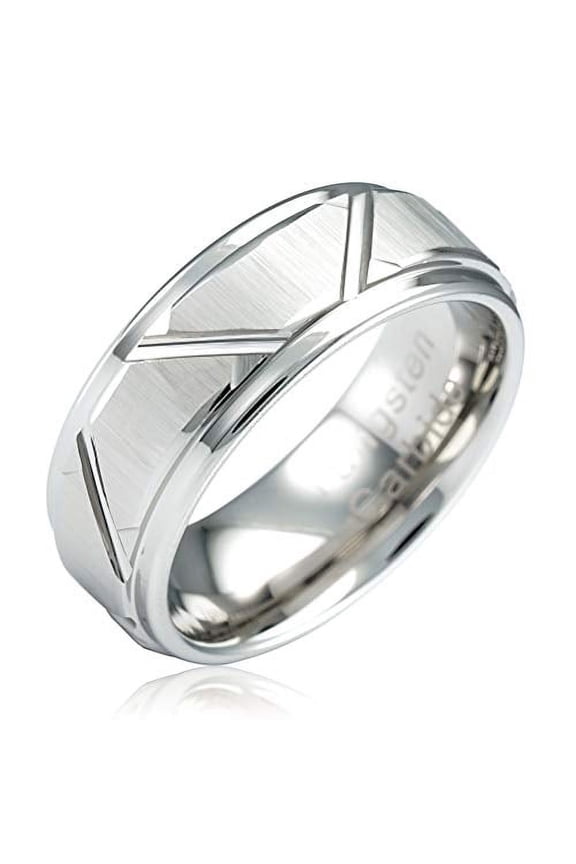 White Gold Tungsten Rings Angled Groove Lines Men Wedding Bands Step Edge Promise Engagement Size 6-16 (Tungsten, 8)