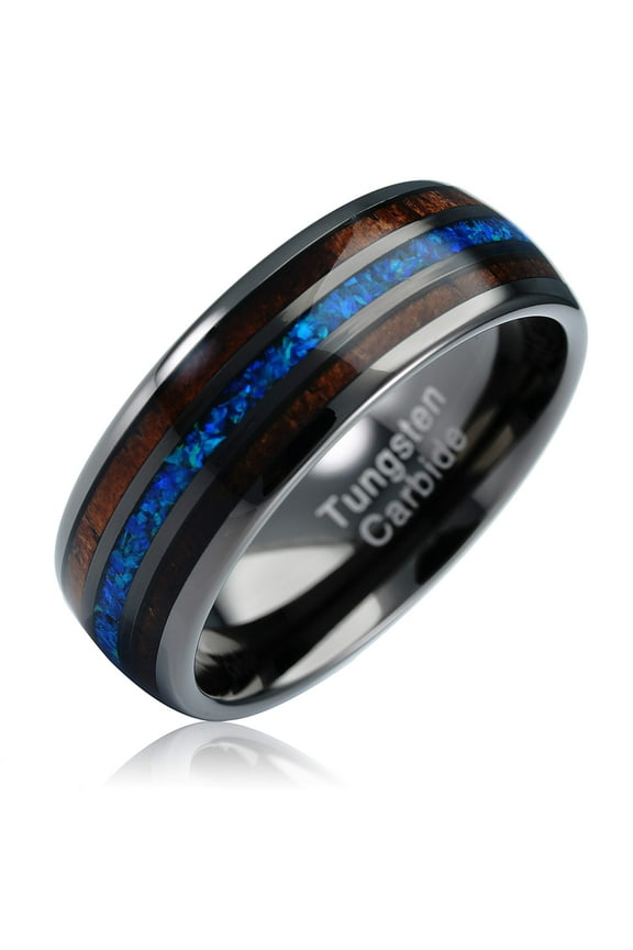 Gunmetal Tungsten Ring with Blue Opal & Koa Wood Inlaid Wedding Band, Tungsten, Size 6-16