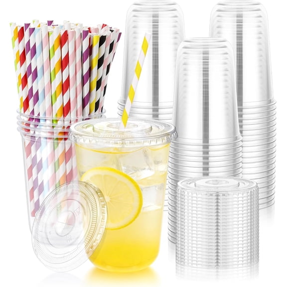 100Set 16oz Clear Plastic Disposable Cups with Lids and Colorful Striped Paper Straws for Easter Round Bottom To Go Cups with Lids for Iced Coffee Cold Drinks Smoothies Milkshakes Lemonade