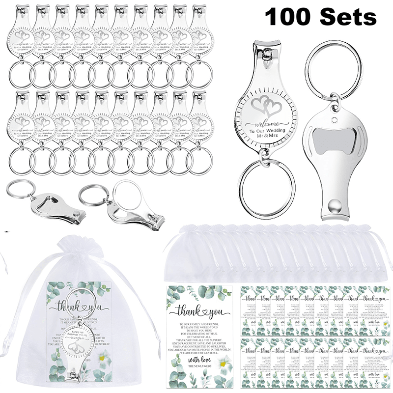 100Set Multi-Function Wedding Keychain Favors, 3 in 1 Nail Clippers Bottle Opener Keychain with Thank You Cards & Organza Bags, Practical Gifts for Baptisms Weddings Baby Showers, Silvery