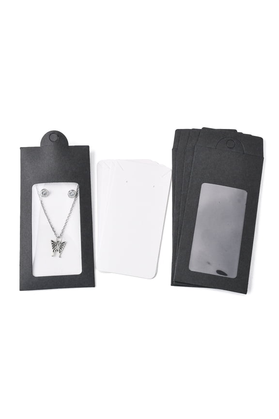 100Set Paper Boxes with Necklace & Earring Jewelry Display Cards and Clear PVC Window Packaging Boxes Rectangle Black 15.4x6.7x0.1cm Hole: 8mm Window: 85x44mm