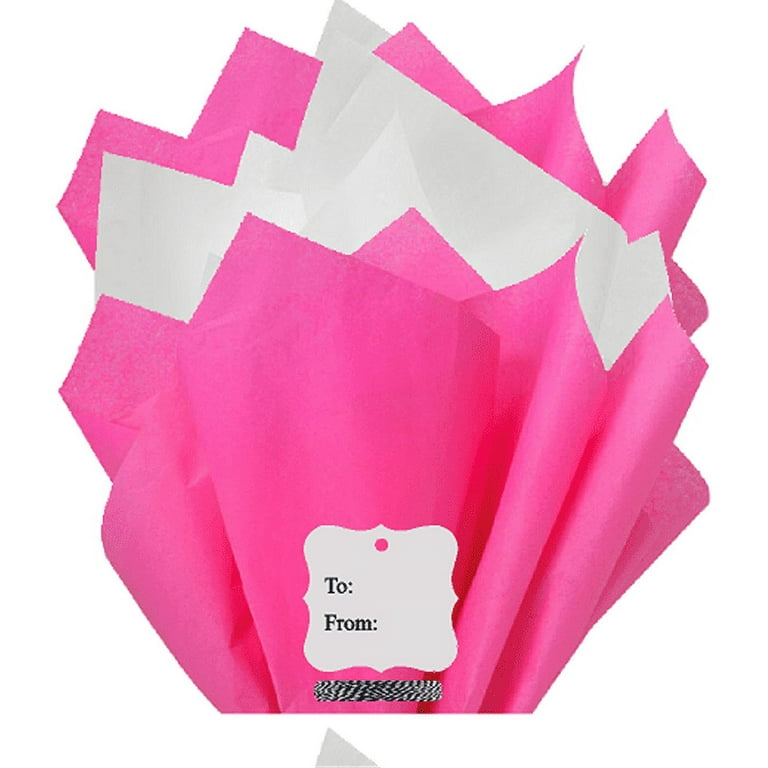 100Sheets Hot Pink and White Gift Wrap Pom Pom Color Tissue Paper Mix with  12 To From Gift Tags & Twine
