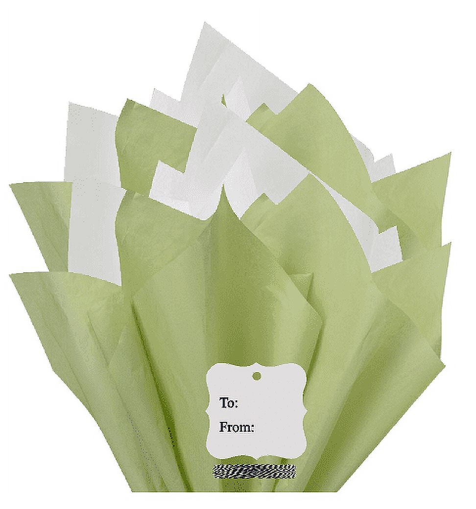 100Sheets Sage Green and White Gift Wrap Pom Pom Color Tissue Paper Mix  with 12 To From Gift Tags & Twine 