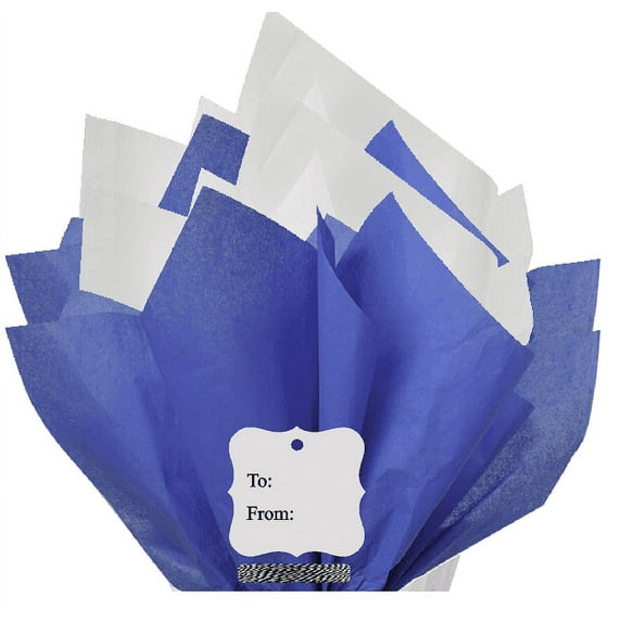 100Sheets Sapphire Blue and White Gift Wrap Pom Pom Color Tissue Paper Mix with 12 To From Gift Tags & Twine