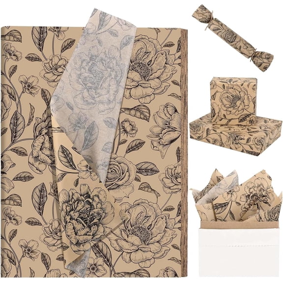 100Sheets Vintage Floral Tissue Paper for Gift Wrapping Retro Spring Flowers Tissue Paper for Gift Bags for Bridal Shower Birthday Party Wedding DIY Craft Supplies, 20  14 Inches (Kraft)