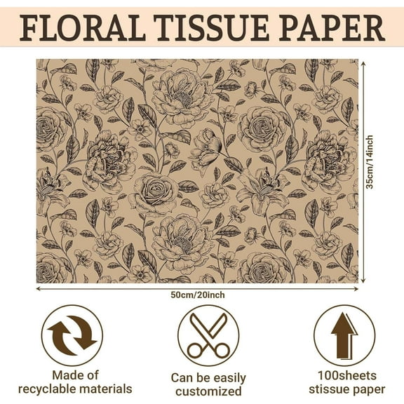 100Sheets Vintage Floral Tissue Paper for Gift Wrapping Retro Spring Flowers Tissue Paper for Gift Bags for Bridal Shower Birthday Party Wedding DIY Craft Supplies, 20 14 Inches