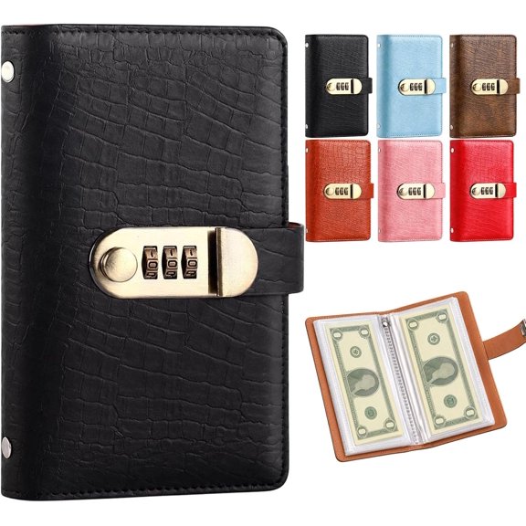 100Transparent Pocket Currency Collectors Album,Top-Grade Puleather, Password Lock,Durable Mater,3-Digit Combination Lock, Waterproof PU Leather, Clear Banknote Sleeves, Cash Stuffing Money Organizer