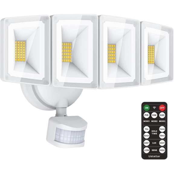 100W 10000LM LED Security Lights Motion Sensor Outdoor, Remote Control 4 Heads LED Flood Light Outdoor, 5000K Daylight, IP65 Waterproof, Bright Motion Detected Lights for Outside Yard