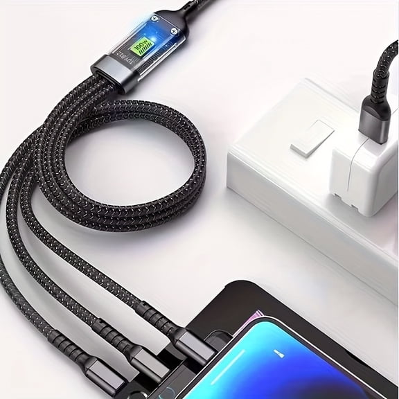 100W 3-in-1 Braided Fast Charging Cable, Transparent LED Indicator Charging Cord