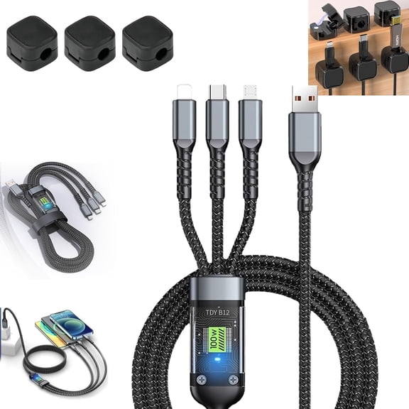 100W 3 in 1 Fast Charging Cable, Transparent Luminous Super Fast Charging 3-in-1 Data Cable, Nylon Braided Multiple USB Universal Charging Cord