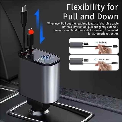 100W 4-in-1 Car Charger - Dual Retractable PD/USB-A Cables, 120W Max Fast Charge