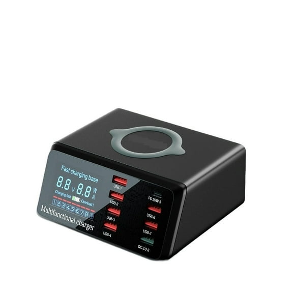 100W 8 Port USB Charger Staion With Wireless Charging,LED Digital Display,QC3.0 PD Quick Charger ,Portable Station