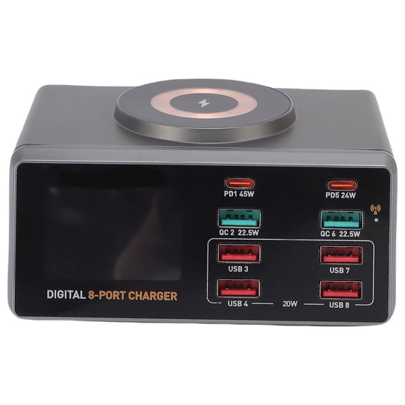 100W 8-Port USB Charging Station with 15W Magnetic Wireless Charger Desktop Charging Hub and Smart APP Control for Phone Tablet Laptop 110V-240V US Plug Black (6.0 x 5.5 x 2.7 inches)