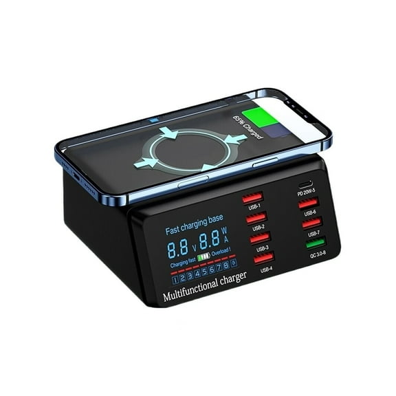 100W 8 Ports USB Charger Station With Wireless Charging Digital Display Screen QC3.0 PD3.0 Quick Charge