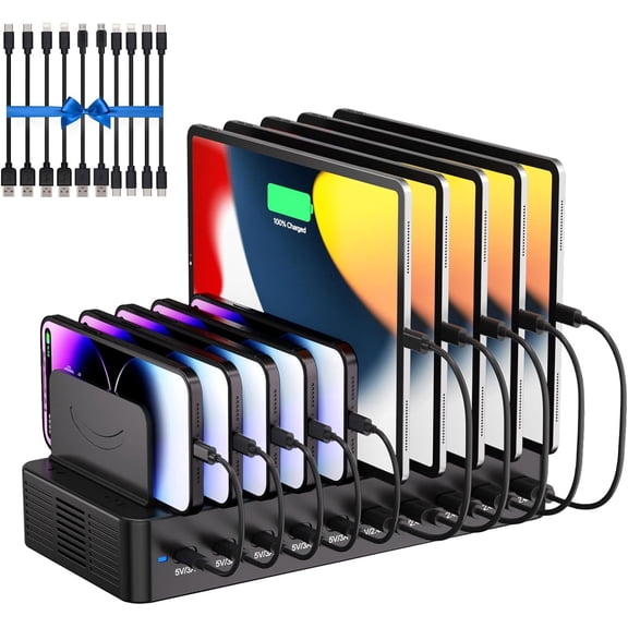 100W Charging Station for Multiple Devices, 10-Port USB Fast Charging Station with Adjustable Dividers & 10 Cables- Multi Device Organizer Charging Dock for iPhone, iPad, Tablets & More(Black)