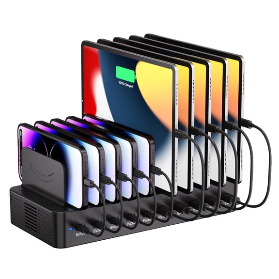 100W Charging Station for Multiple Devices, 10-Port USB Multi-Device Charger with Cables Included