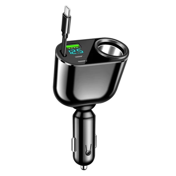 100W Dual Port Fast Car Charger With Foldable Retractable Cable Pd30W Usb-C & Supercharge Ports Safety Protection For 12V-24V Vehicles