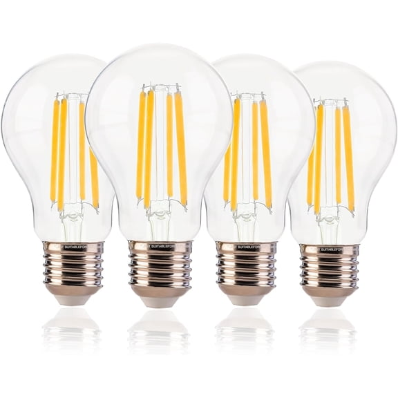 100W Equivalent A19 LED Light Bulbs, Efficient 12W, 1600Lumens, 2700K Soft White, CRI82, E26 Base LED Filament Light Bulbs, Clear Glass, 4 Pack, Dimmable