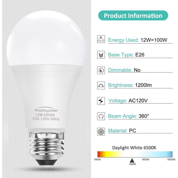 100W Equivalent E26 LED Bulbs, Daylight White Non-Dimmable Medium Screw Base Light Bulbs 6500K, 4-Pack