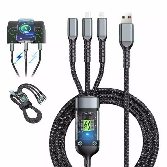 100W Fast Charging Cable, 3 in 1 Braided Charger Cord with LED Display, Transparent USB Data Cable for Smartphones Tablets, Multi Device Charging Wire 3.9 Feet