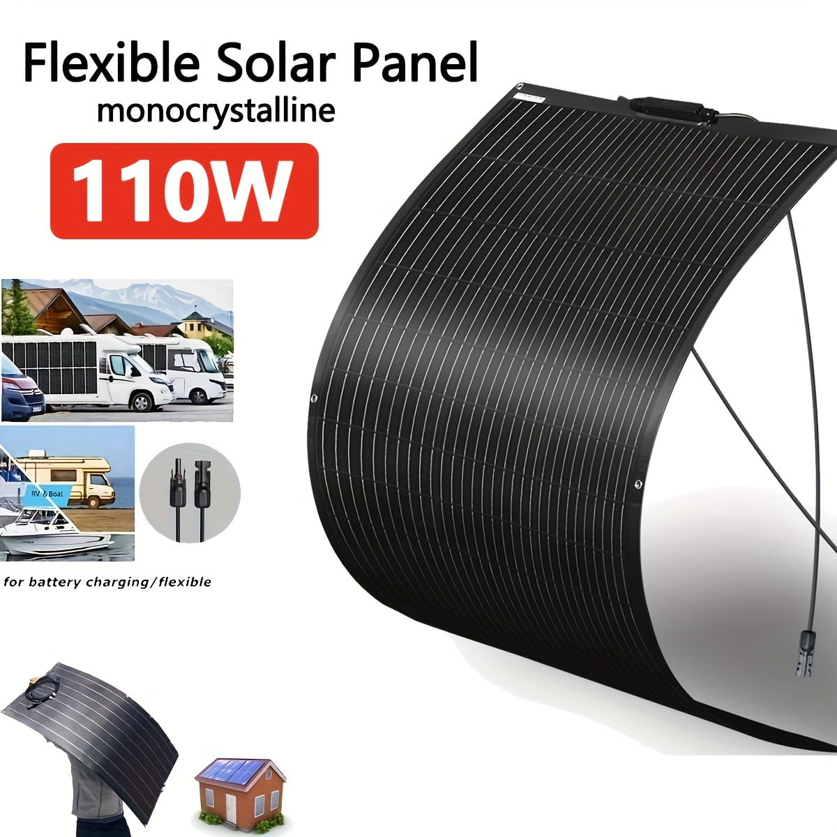 110W Flexible Solar Panel 12 Volts, Semi-Flexible Bendable Monocrystalline PV Panel 110 Watt for Uneven Surfaces Marine Camper Boat Home Boat RV Surface