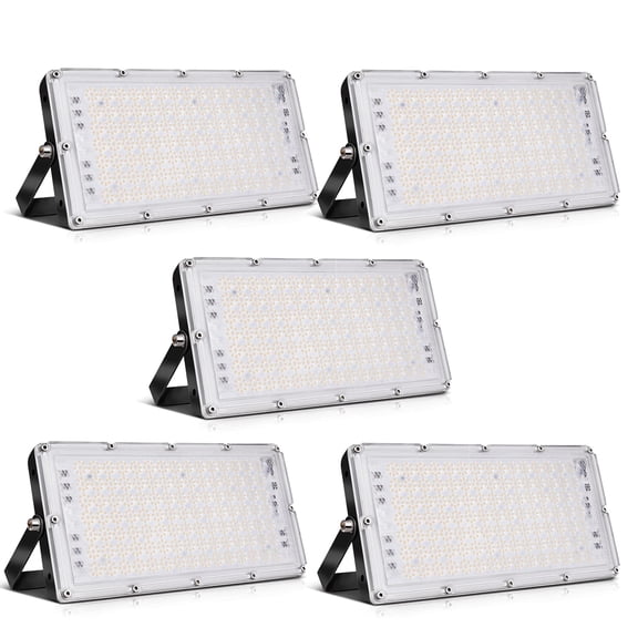 100W Flood Lights Outdoor 5 Pack, 8000LM Super Bright LED Work Light, 3000K Warm White, IP65 Waterproof Security Light for Garage Yard Lawn Garden Stadium
