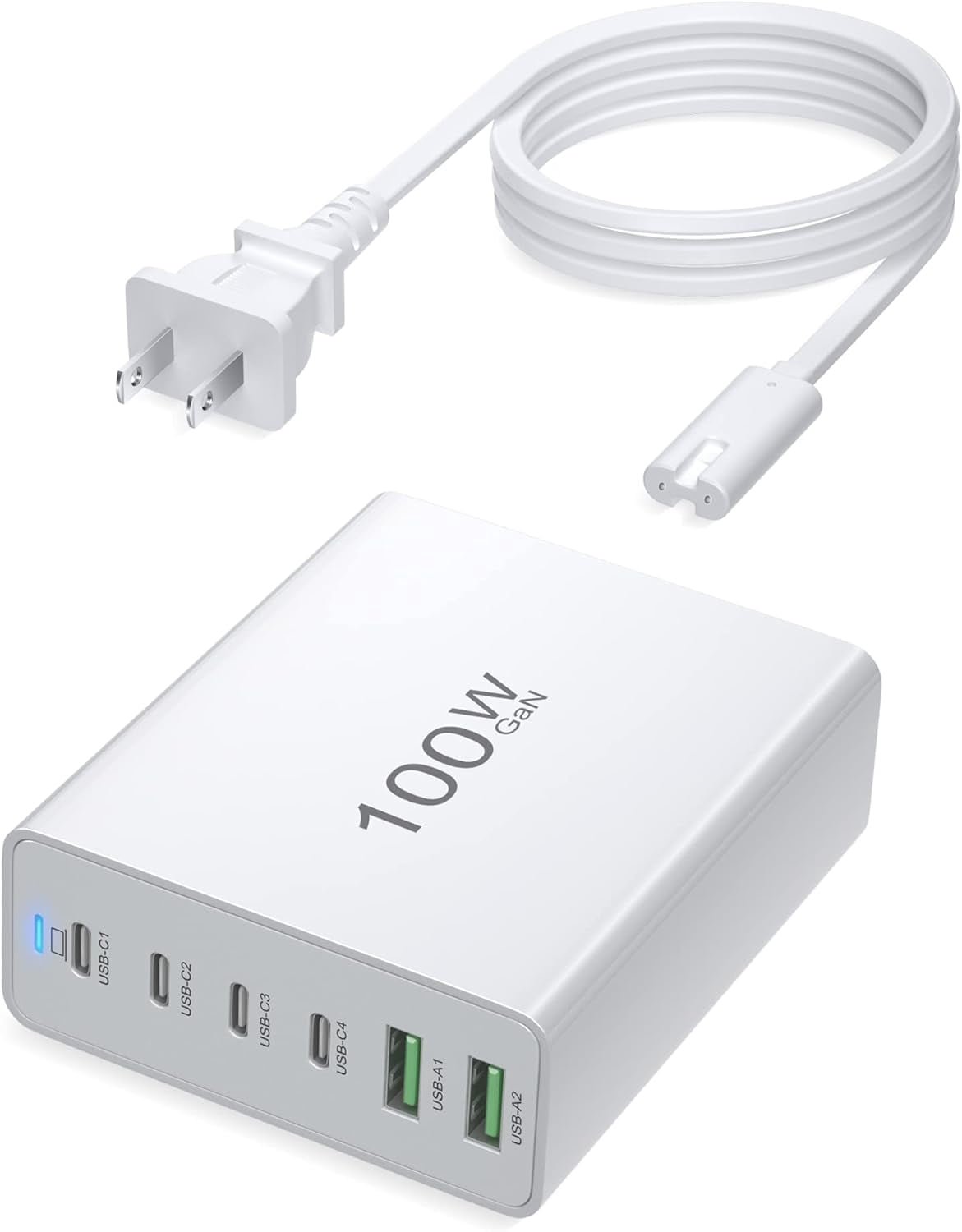 100W GaN 6 Port USB C & USB A Charging Block, Multiport USB C Charging Station Hub for iPhone 15 Pro Max/Pro Plus/Pro/14 13 12 11, iPad Pro, Phones & Tablets (White)