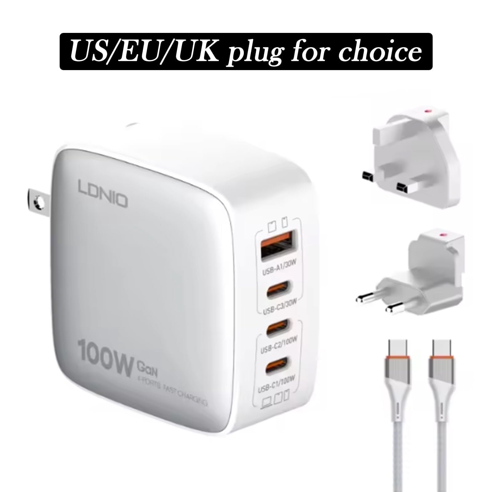 100W GaN USB-C Charger, 3-Port Fast Charging Station for iPhone, iPad, MacBook, Laptops, with EU/UK/US Plugs