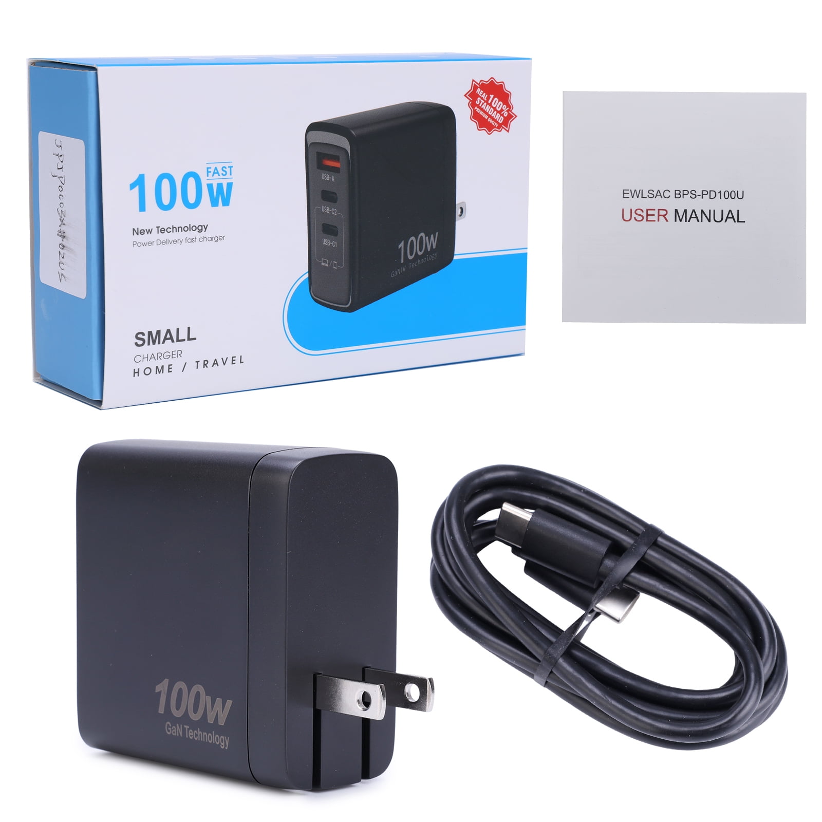 100W GaN USB Wall Charger 3-in-1 Fast PD Charging Station (US Plug) - Universal Compatibility for iPhone 16 Pro/16/15, for Samsung Galaxy S24/S23 & Tablets | Compact Travel Power Adapter