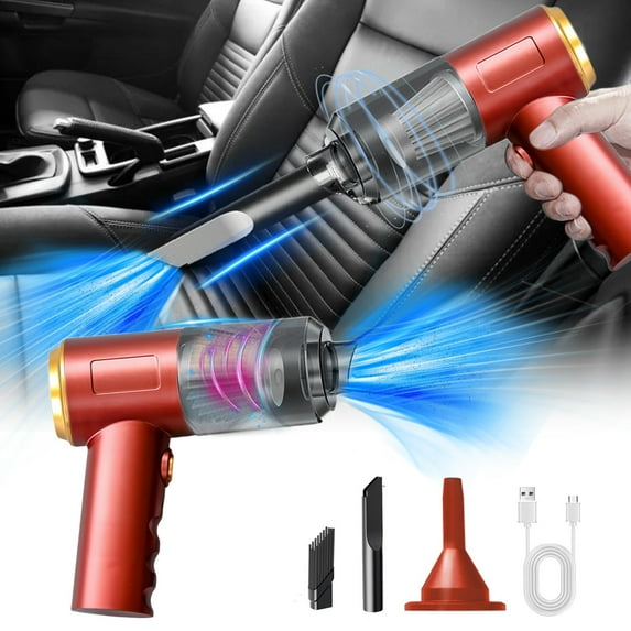 100W Handheld Car Vacuum Cleaner - 12,000Pa Powerful Suction, USB Portable, Mini Size with 3 Nozzles & Washable Filter - Red (6.4x6.1in) for Pet Hair, Dust, Car Cleaning