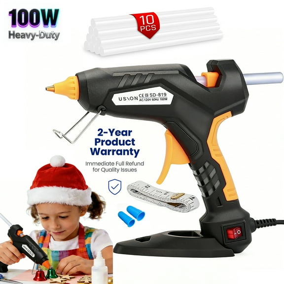 YMWVH 100W Heavy-Duty Industrial Hot Glue Gun with 10 Glue Sticks, Tape Measure & Finger Cots - Anti-Drip, Detachable Stand for Decoration