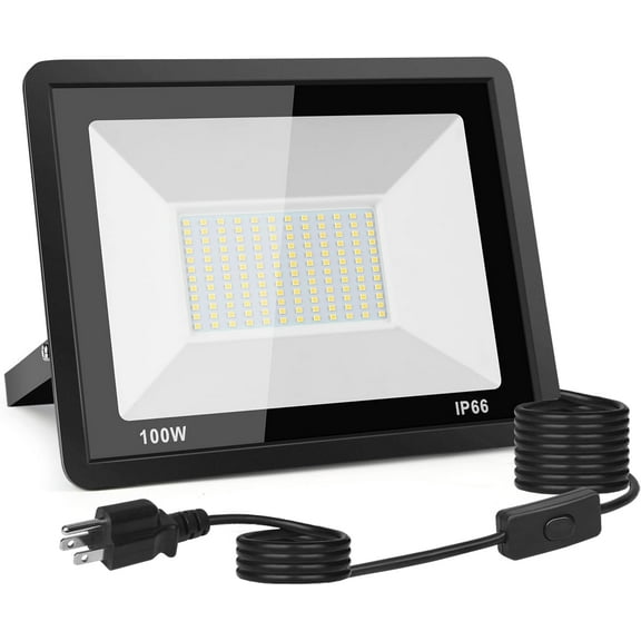 100W LED Flood Light Outdoor, 10000LM LED Work Light with Plug and Switch, IP66 Waterproof Exterior Security Lights, 5000K Daylight White Outdoor Floodlights for Yard, Garden, Playground, Stadium.
