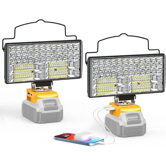 100W LED Work Light Compatible with Dewalt Battery, 2PCS 10000LM Flashlight with USB A & USB C Output Port Low Voltage Protection, Portable Floodlight for Camping, Emergency, Outdoor Lights