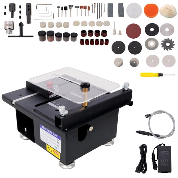 100W Multi-Functional Mini Table Saw - 16MM Cutting Depth, Speed & Angle Adjustable for Wood, Plastic, Acrylic w/ Flexible Shaft & Accessories