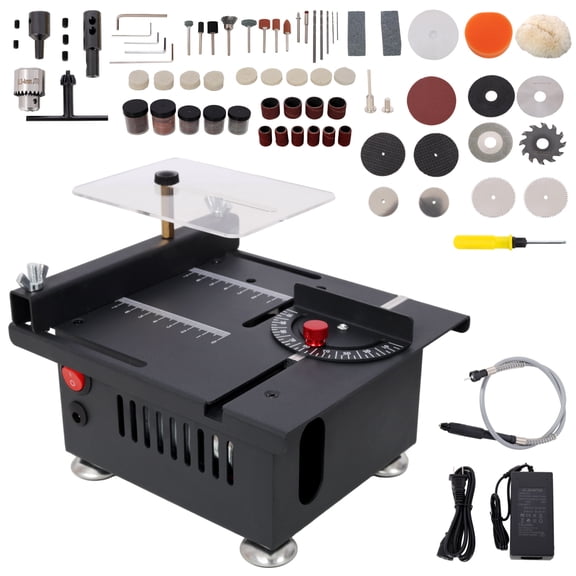 100W Multi-Functional Table Saw Mini Desktop Electric Saw Cutter Speed & Angle Adjustable 16MM Cutting Depth with Blade Flexible Shaft and More Accessories for Wood Plastic Acrylic Cutting