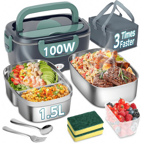 100W Portable Electric Lunch Box for Adults, 1.5L Leak-Proof Food Heater for Car, Truck, Office & Home, Includes Stainless Steel Container, Fork, Spoon & Insulated Bag, Green (3x Faster Heating)