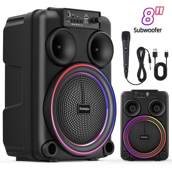 100W Portable Karaoke Machine - 8-inch Bluetooth 5.3 Speaker, 5-Mode RGB Lights, 1 Mics, TWS/USB/SD/AUX/FM, 2000mAh for Party Wedding Beach/Home KTV