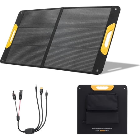 100W Portable Solar Panel, Fiberglass Solar Charger, Up to 25% Conversion Hight Efficiency, N-Type Foldable Solar Panel, IP65 Water Resistant for Camping, RV, Van, Boat, Hiking & Off-Grid Use