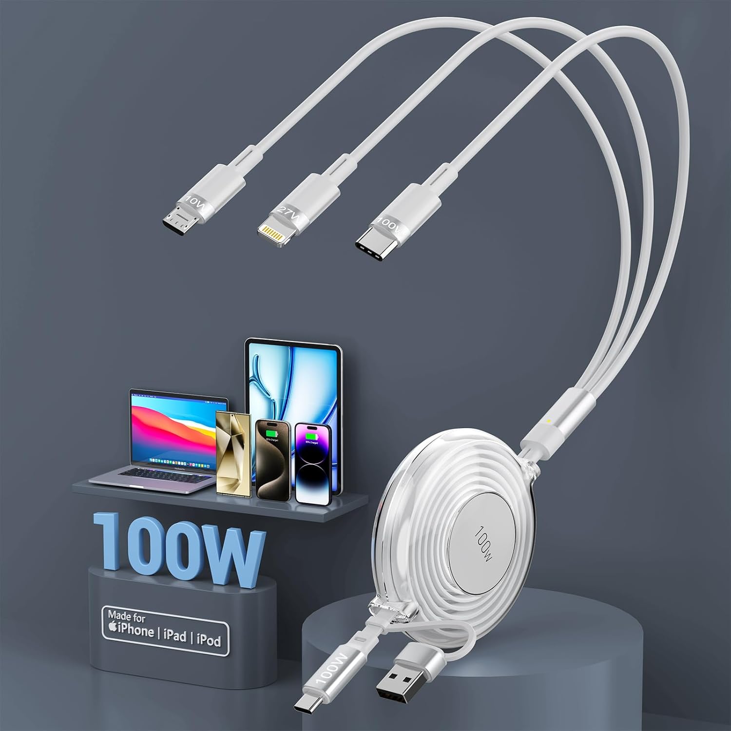 100W Retractable Multi Charging Cable, 6 in 1 Retractable iPhone
