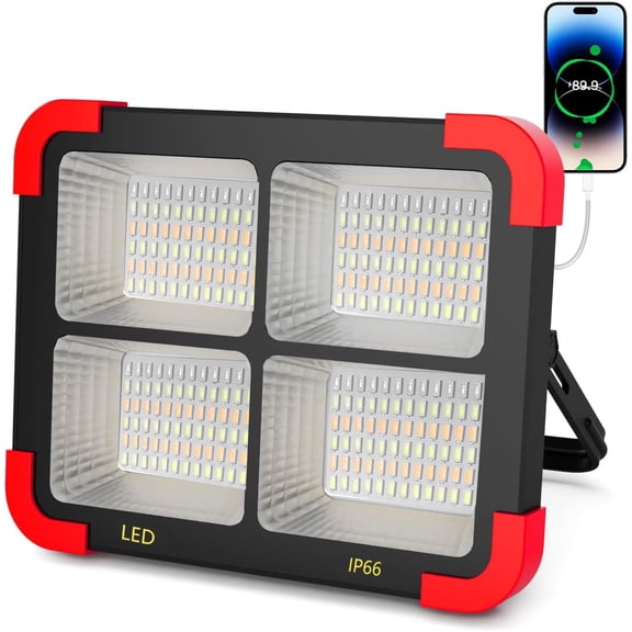 100W Solar LED Work Light - Ultra Bright Portable Flood Light with Stand IP66 Waterproof 5 Modes Rechargeable Lamp for Job Site, Camping, Fishing, Car Repair & Emergency