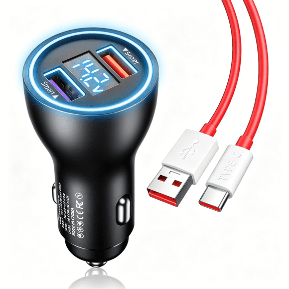 100W SuperVooc Car Charger for OnePlus 13 12 11 10 Pro, 80W 65W Dual USB Fast Charge Adapter + 3.3FT Cable, LED Display