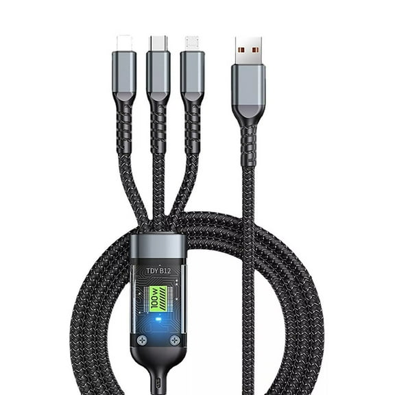 100W Triple-in-One Fast Charging Cable - Braided LED Data Cord, Compatible with Phones/Tablets, Travel-Friendly