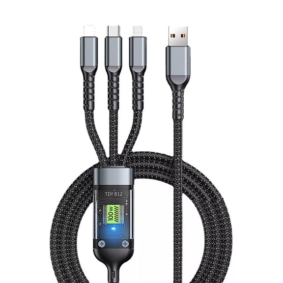 100W Triple-in-One Fast Charging Cable - Braided LED Data Cord, Compatible with Phones/Tablets, Travel-Friendly