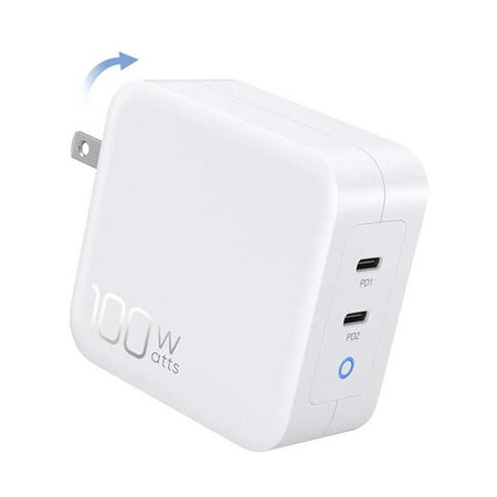 100W True GaN USB-C Power Adapter Collapsible Wall Charger Quick Charging PD Dual Type-C 2 Ports