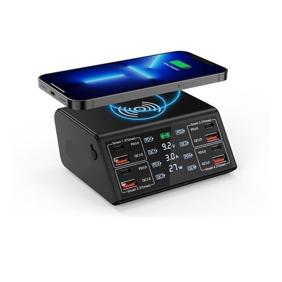 100W USB C Fast Charger Station,4 QC3.0 + 4 PD3.0 PPS + Wireless Charging,9 in 1 USB Charger ,Easy to Use