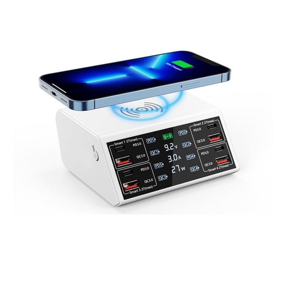 100W USB C Fast Charger Station,4 QC3.0 + 4 PD3.0 PPS + Wireless Charging,9 in 1 USB Charger ,Portable Station