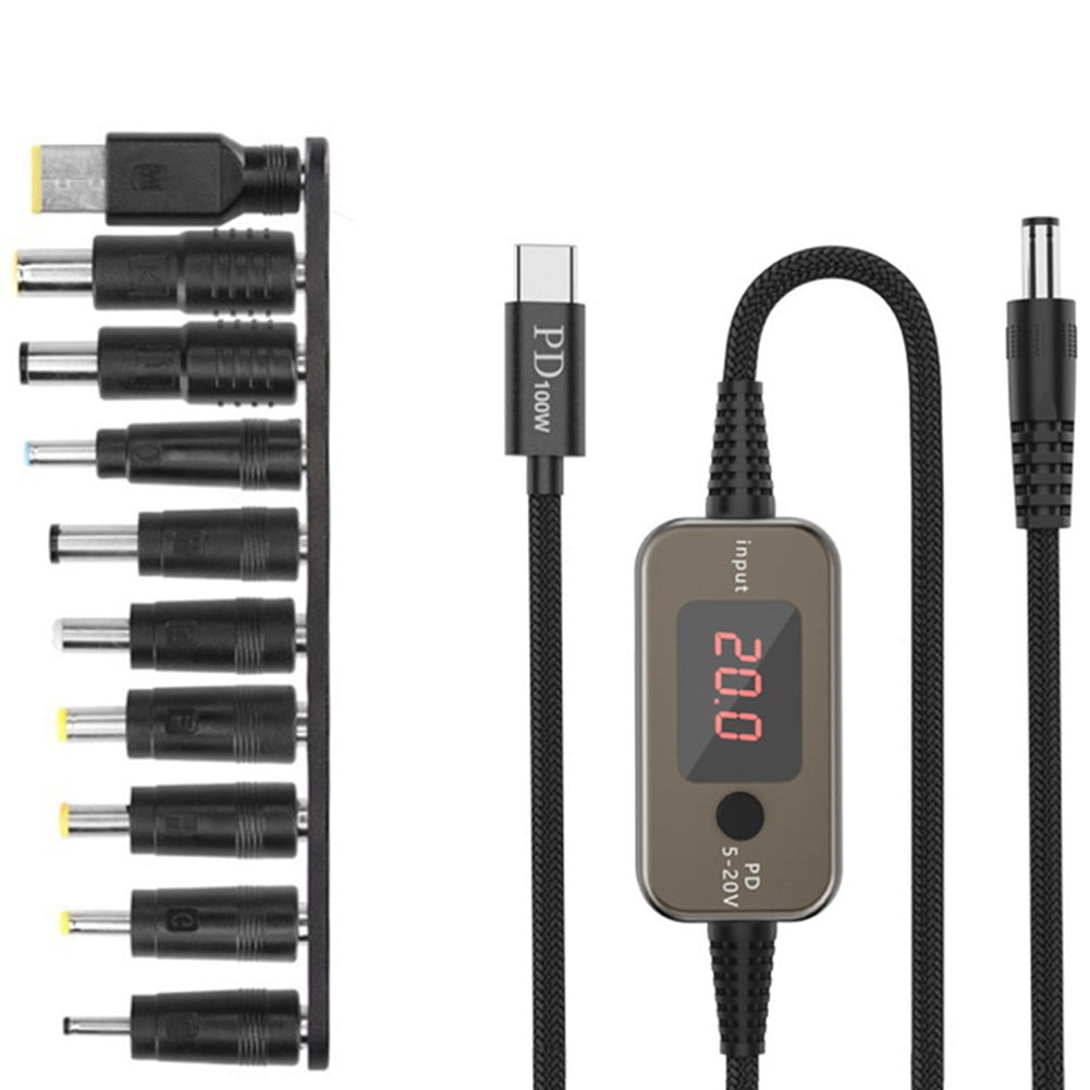 100W USB C to DC Adapter Cable with Connector Tips & LED Display