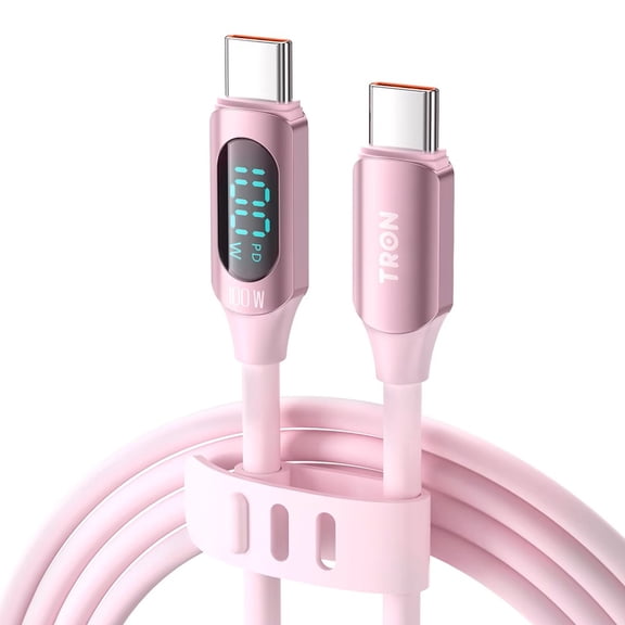 TRON 100W USB-C to USB-C Cable with Digital Display, PD Fast Charging Liquid Silicone Cord 5FT, Soft Tangle Free Charge and Sync Cable for iPhone 16 15 and Android Phone Tablet Laptop, Pink